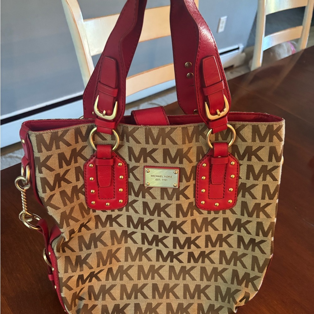 Michael Kors Red and Brown Tote Bag with Monogram Print - Picture 2 of 7